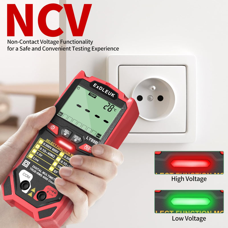 [Australia - AusPower] - Digital Multimeter Voltage Tester, 4000 Counts Smart Measurement Auto-Ranging Volt Meter, Non-Contact Tester Tools, Measures AC/DC Voltage, NCV, Capacitance, Resistance, Diode, Continuity & Live Wire Red 