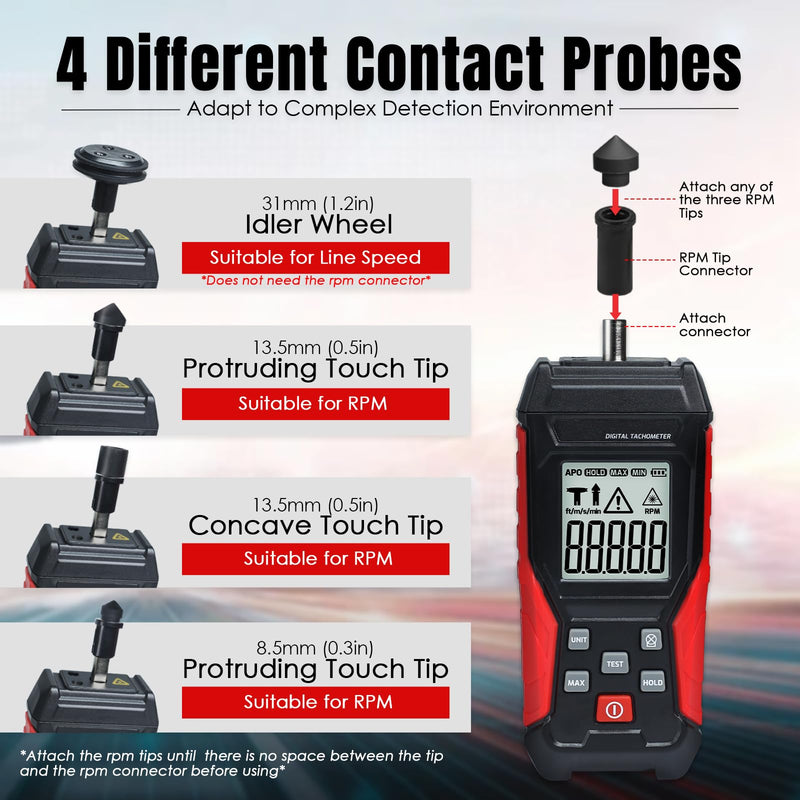 [Australia - AusPower] - 2-in-1 Digital Tachometer, Handheld Contact 3~19999RPM & Non-Contact 3~99999RPM Meter with 4 Probes,Hold Data, RPM Tachometer for Small Engines 