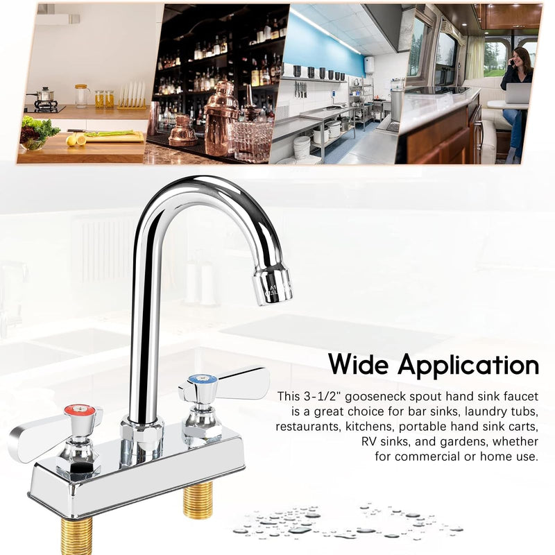 Commercial Bar Sink Faucet 4 Inch Center Deck Mount, 3-1/2" Gooseneck Swivel Spout Hand Sink Faucet, 2 Hole Brass Constructed & Chrome Polished with Dual Lever Handles 4" Center 3-1/2" Spout