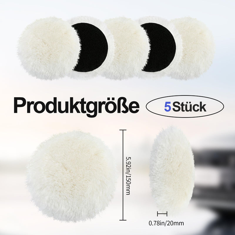 Yufqopc Polishing Pads 150 mm – Pack of 5 Lambswool Polishing Pads Velcro, White | Wolle Polierscheiben Polierhauben Polieraufsatz Exzenterschleifer für Auto, Autoscheinwerfer, Korkböden,Marmor, Edelstahl 150mm
