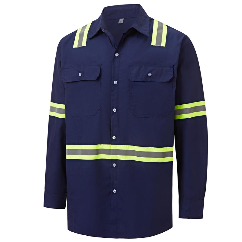 Hi Vis Shirts for Men Button Down Short Sleeve Safety Work Shirts Class 3 High Visibility Reflective Shirt Long_navy 3X-Large