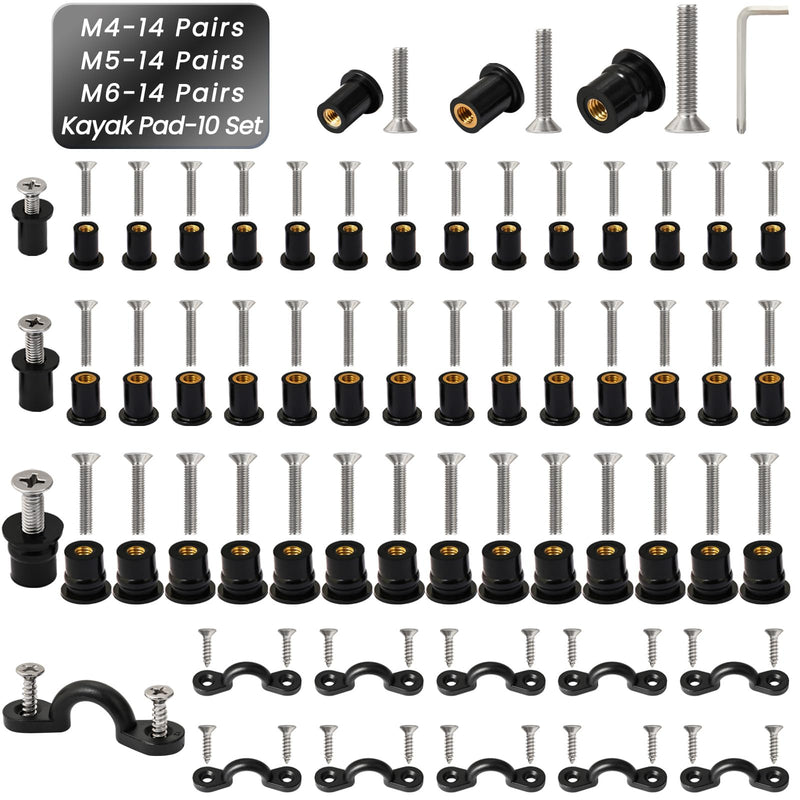 [Australia - AusPower] - 52 Pairs M4 M5 M6 Neoprene Well Nuts and Kayak Pad Eye Kit w/Screw, Kayak Bolts Well Nut Kit for Kayak Motorcycle Boat, Nylon Bungee Deck Loops Tie Down Eye for Securing Elastic Ropes Paddles Nets 