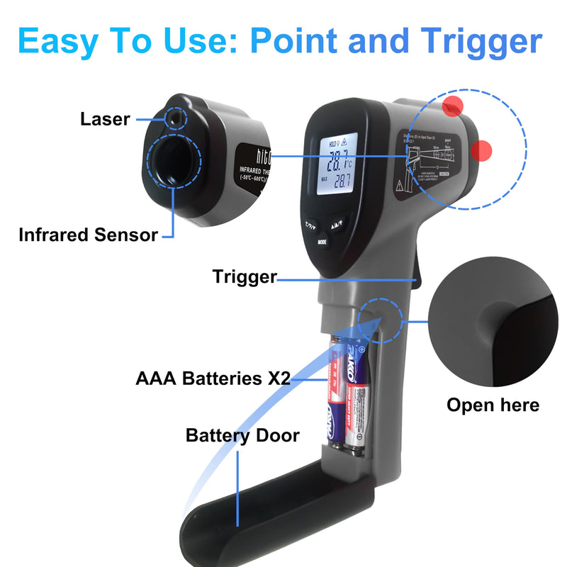 [Australia - AusPower] - hito Infrared Thermometer Temperature Gun -58°F to 1112°F, Digital Heat Gun for Pizza Oven, Cooking, Meat, Candy, Laser Tool for Griddle, Grill, Indoor Room Dark Gray 