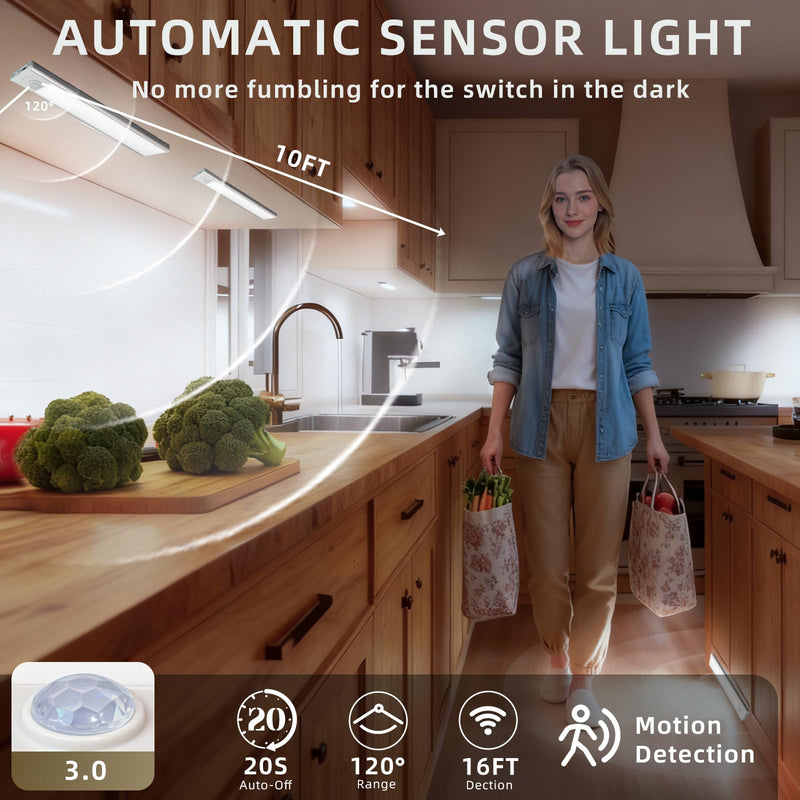 10inch Under Cabinet Lighting, 4 Pack Rechargeable Motion Sensor Light Indoor, Wireless Dimmable Magnetic Closet Lights, 40 LED Under Counter Lights for Kitchen, Wardrobe, Stairs, White Light 10inch