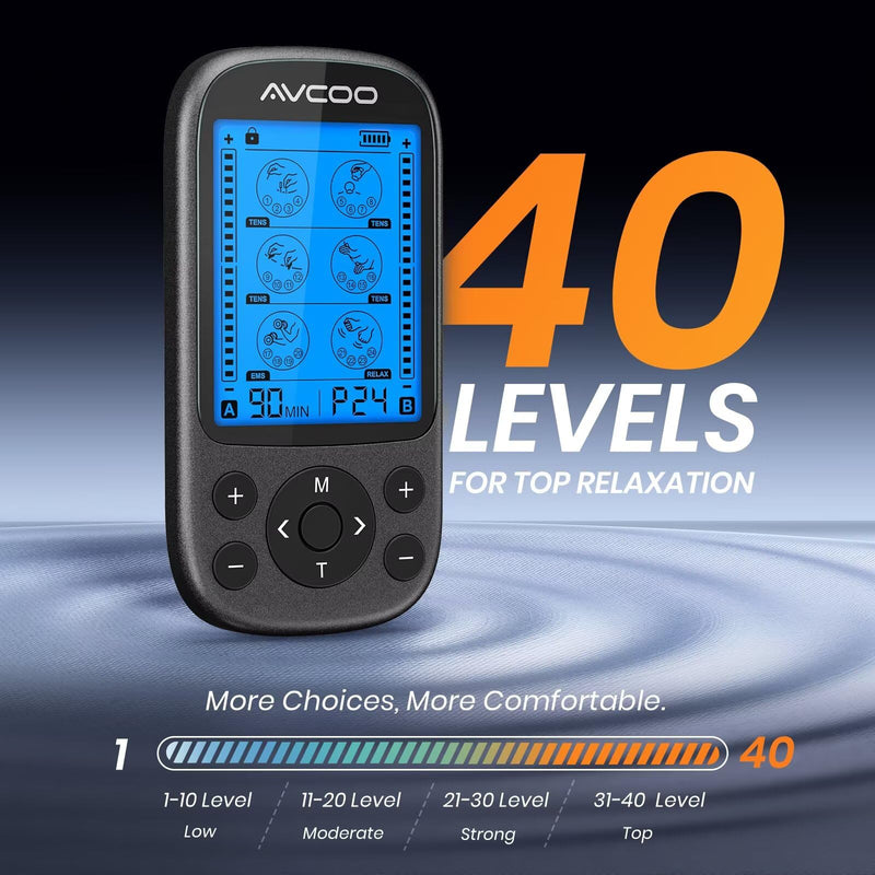 AVCOO 3-in-1 TENS Unit Muscle Stimulator, EMS Massager Machine with 24 Modes & 40 Levels for Shoulder, Back, Neck, Sciatica Pain Relief, Portable-Size Electronic Pulse Massager with 12 Pads, EVA Case