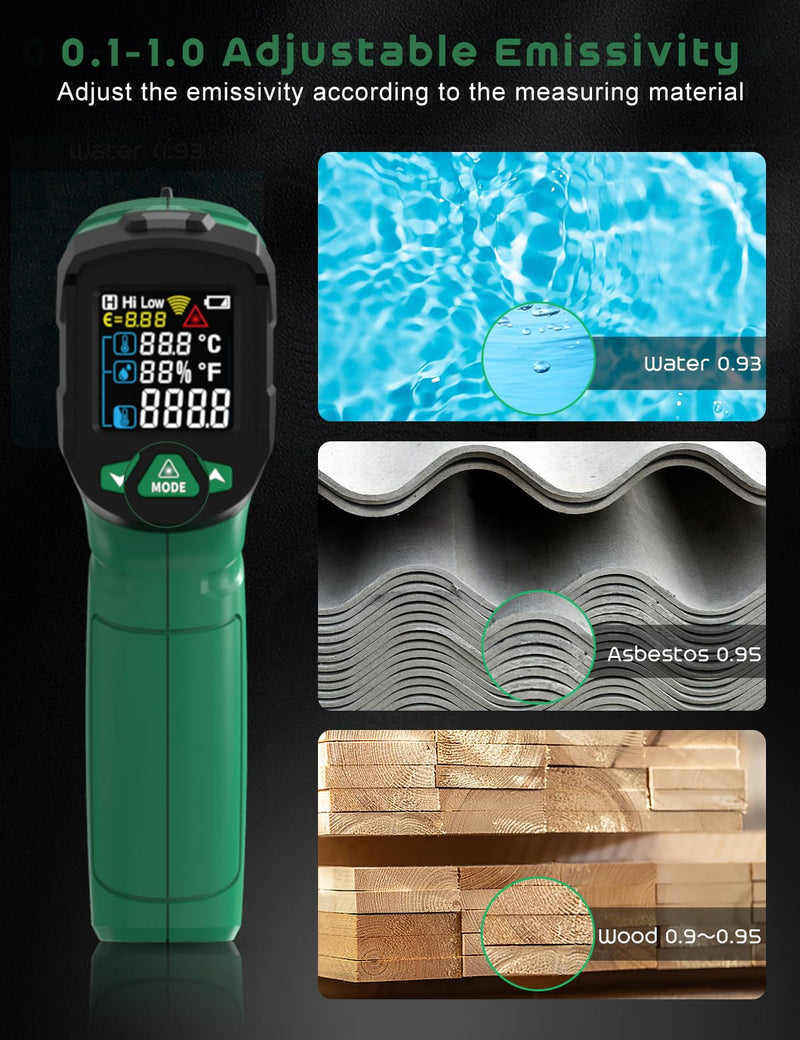 [Australia - AusPower] - Infrared Thermometer Gun,SQECH Laser Thermometer Gun -58℉～1472℉(-50℃～800℃),Temperature Gun with Ambient Temperature/Humidity/Adjustable Emissivity/Color Backlight for Cooking, Oven,Engine,HVAC Green(-58℉～1472℉) 