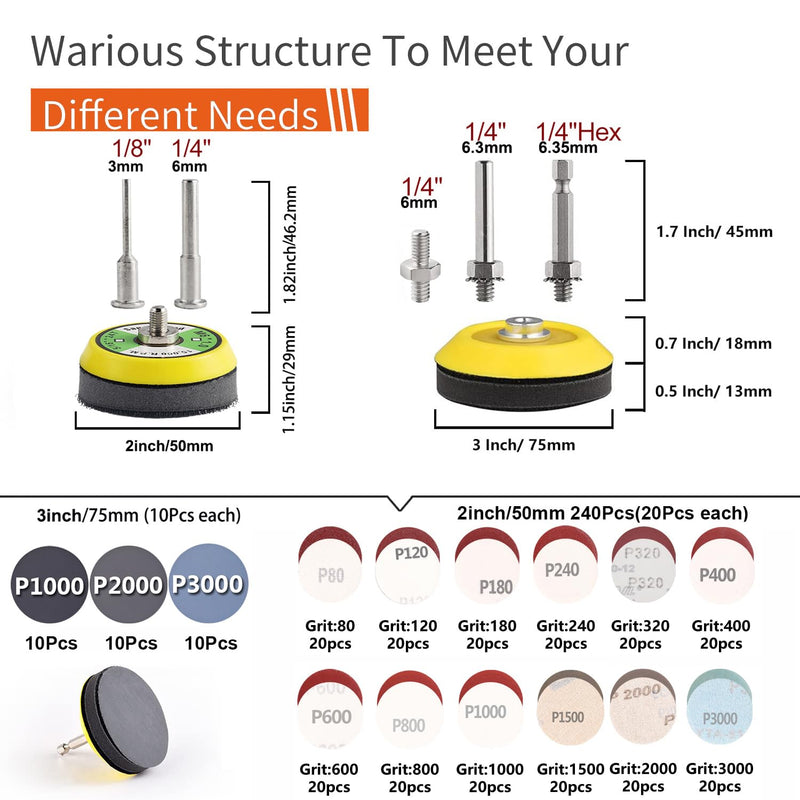 [Australia - AusPower] - 279 Pcs 1/4" Shank Backing Plates Multi Tool Sanding Discs Set for Drill Grinder Rotary Tools Attachment with 2 Pcs 1/4" Shank Backing Plates Sanding Pads Including 80-3000 Grit 
