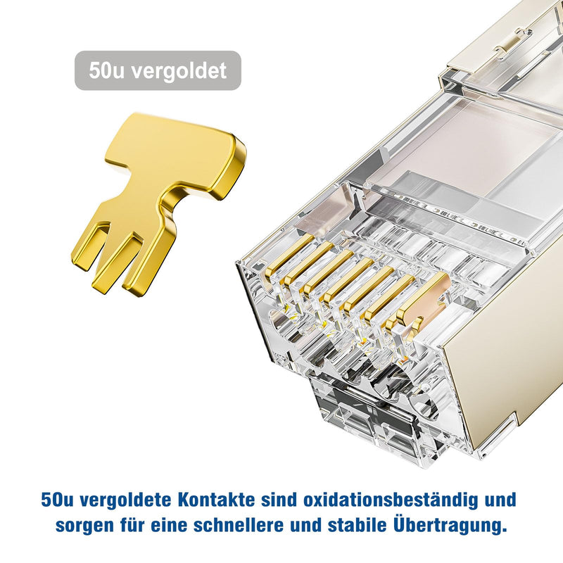 FGB 10Gbps RJ45 Connector CAT 7 CAT 6A, Set of 10 | 50μ gold-plated, PoE capable, network plug, pass-through and shielded, LAN plug for installation cable AWG23, Cat6a/6/5/5e