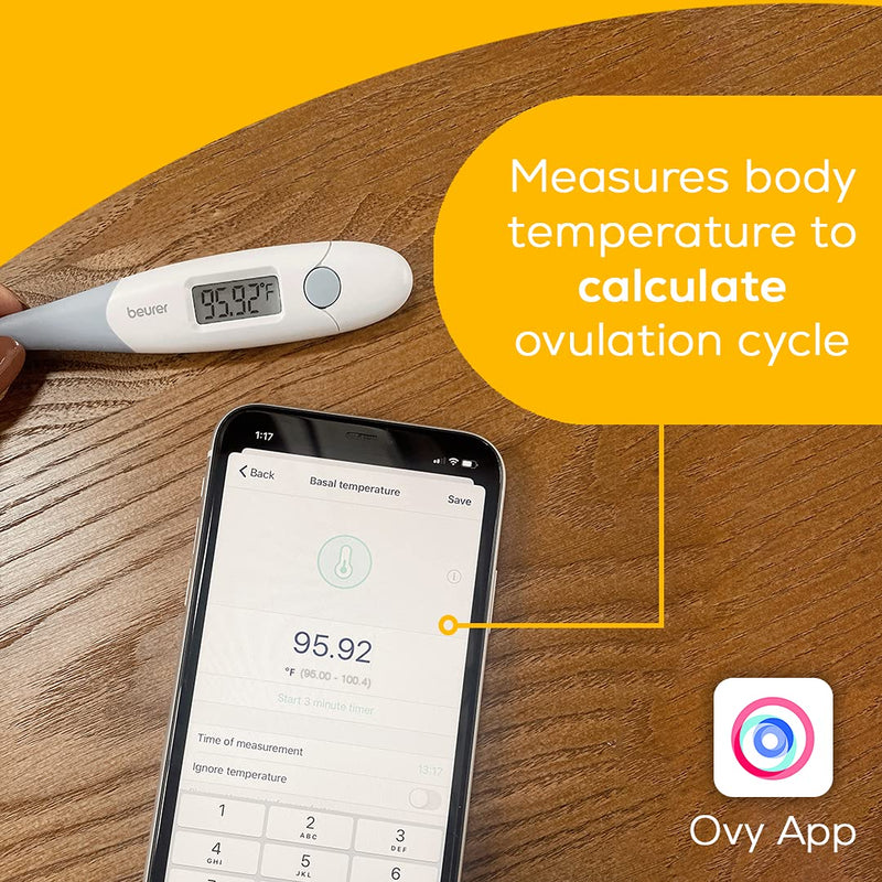 [Australia - AusPower] - Beurer Digital Basal Thermometer, Oral Thermometer with Memory Function, Measures Basal Body Temperature, Accurate Digital Thermometer for Fever and Natural Family Planning, OT20 