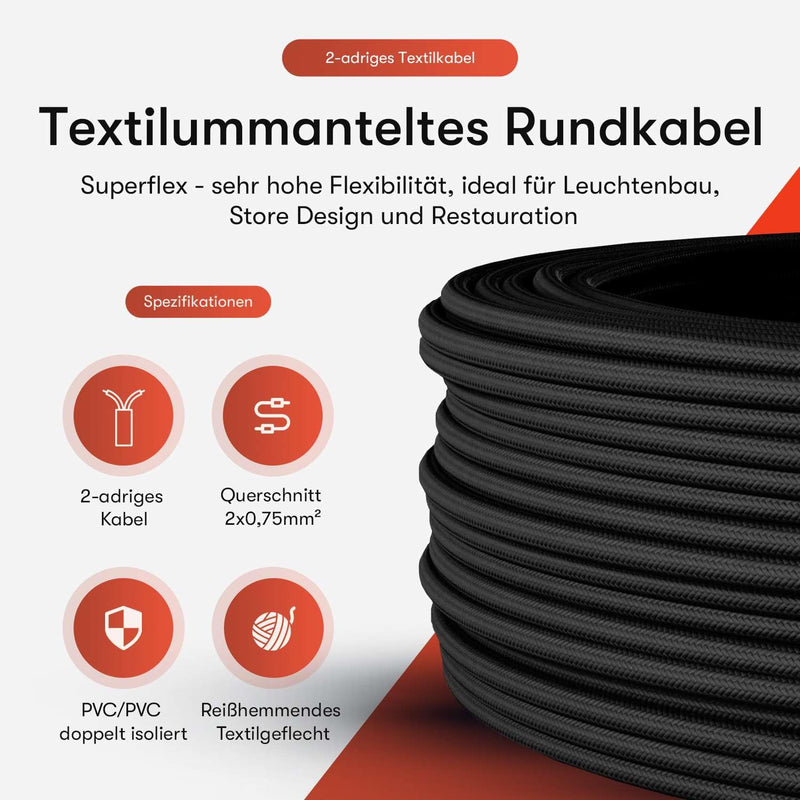 Textile Cable for Lamps, Various Colors, 2 Core, 2 x 0.75 mm2, black 5 meters