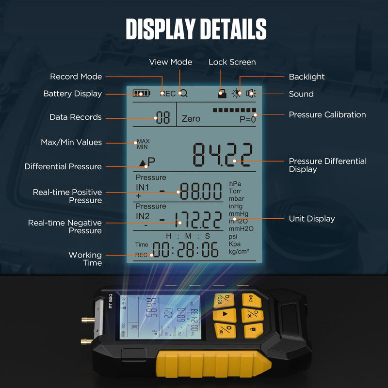 [Australia - AusPower] - PT520 Digital Pressure Gauge Air Pressure Gauge -100-200 KPa 0.1 Resolution Air Pressure 10 Units Differential Dual Port HVAC Digital Pressure Gauge Gas Pressure Gauge with Backlit LCD Display 