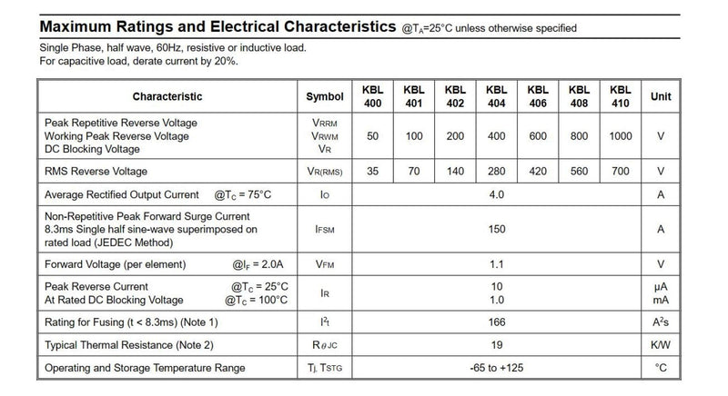 [Australia - AusPower] - 10pcs KBL406 KBL 406 Single Phase 4Amp 600Volt Silicon Bridge Rectifiers 4A 600V,4Pins. 