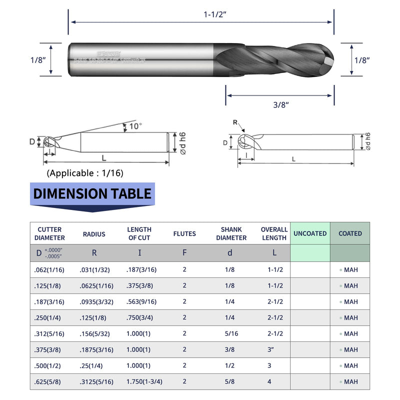 [Australia - AusPower] - Tools Ball Nose Carbide End Mill, MAH Coating, CNC Cutting Tools for Stainless Steel,Hardened Steels,High Temp Alloys,Medium Alloy Steels, 2 Flute,1/8" Shank,Inch Size (.125(1/8)", 5pcs) BALL 1/8 5PC 