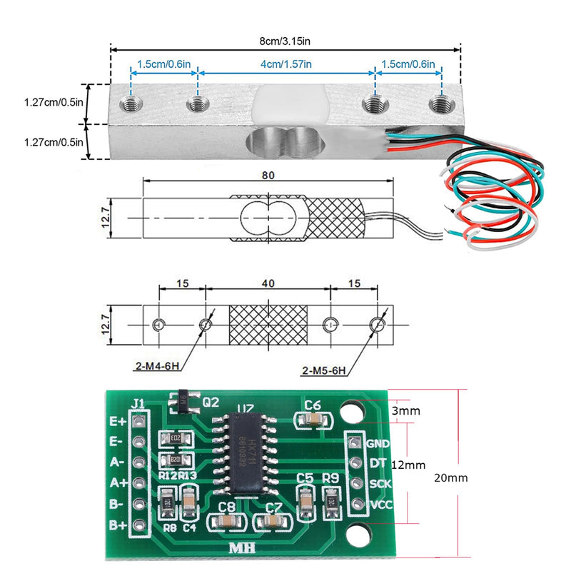 2 x 1 kg 5 kg 10 kg 20 kg Digital Load Cell Weight Sensor High Precision Miniature Load Cells for Arduino DIY Electronic Portable Kitchen Scale Sensors (5 kg + HX711), 2) (5kg + HX711)