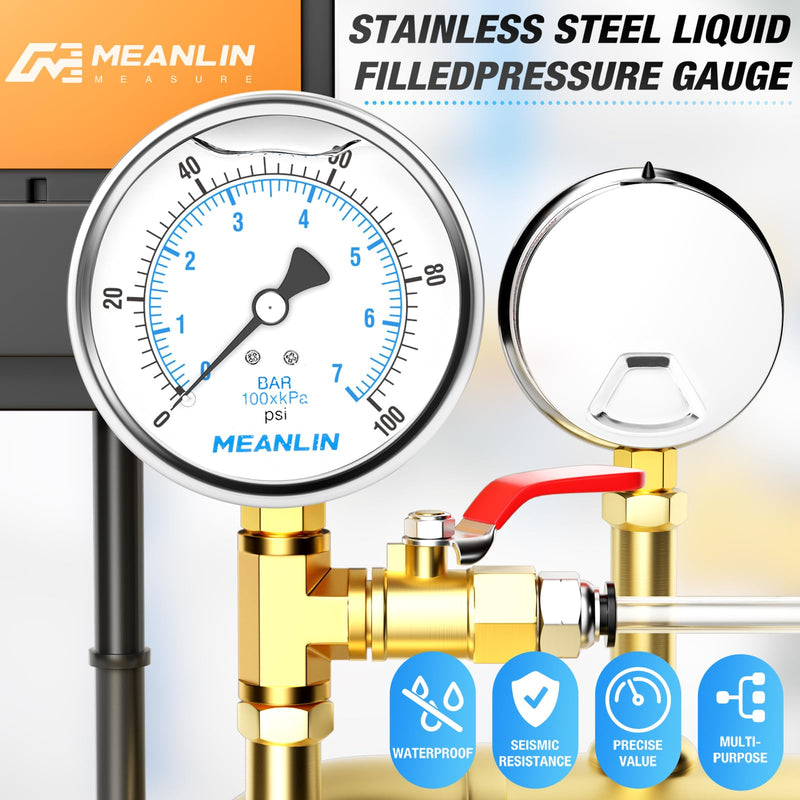 [Australia - AusPower] - MEANLIN MEASURE 0~100Psi Stainless Steel 1/4" NPT 4" FACE DIAL Liquid Filled Pressure Gauge WOG Water Oil Air Lower Mount, with 1/2" NPT and 3/8" NPT Hex Bushing 0-100Psi Lower Mount/4" Face Dial 