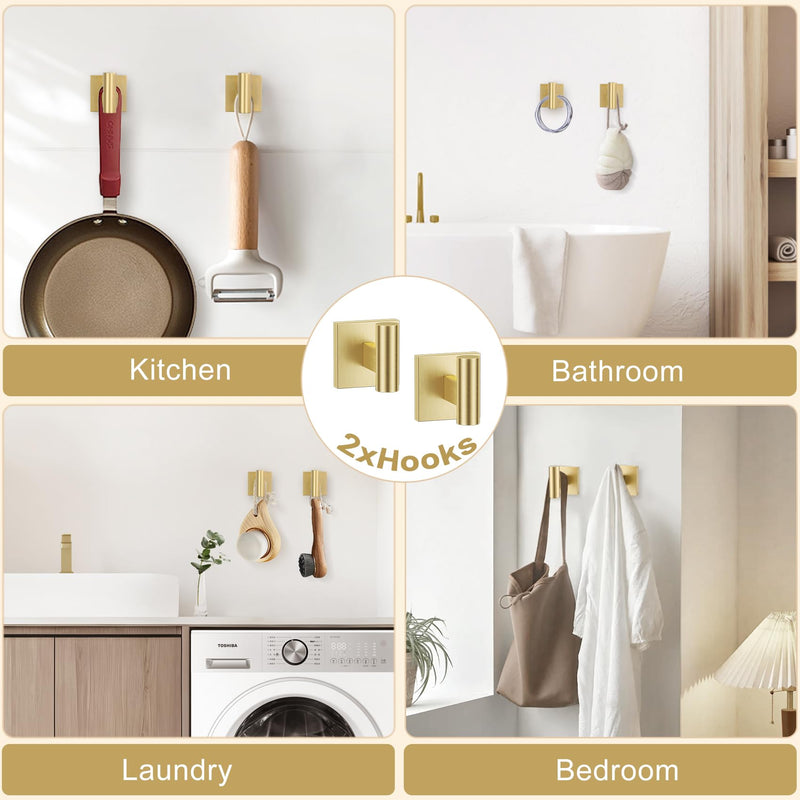 TURS Brushed Gold 4-Pieces Towel Ring Set Include Towel Ring Toilet Paper Holder Towel Hook SUS304 Stainless Steel Bathroom Accessories Kit Wall Mounted Set C