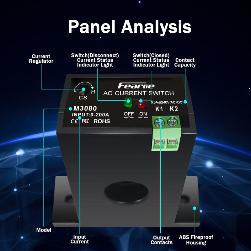 Current Sensing Switch/Relay,AC Current Sensing Switch 0-200A Normally Open Current Sensor Monitoring Relay,Linkage PLC Signal,Overload Controller (M3080) M3080