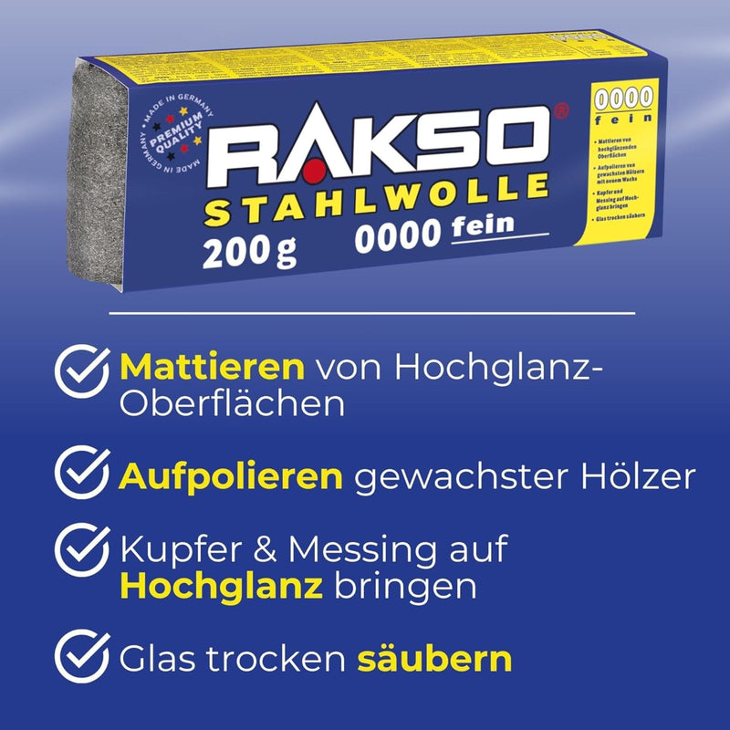 RAKSO Steel Wool Extra Fine 0000-200 g, 1 band, Polished Waxed Wood, Copper, Brass, Matte Surfaces, Cleans Glass 200 g (pack of 1)