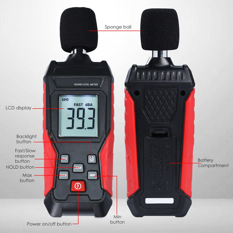 Dezibel Meter, Digital Sound Level Meter 30-130dB Digital Audio Noise Meter with Max/Min, LCD Backlight Display, Sound Detector, Sound Level Meter for Home, Office, School black