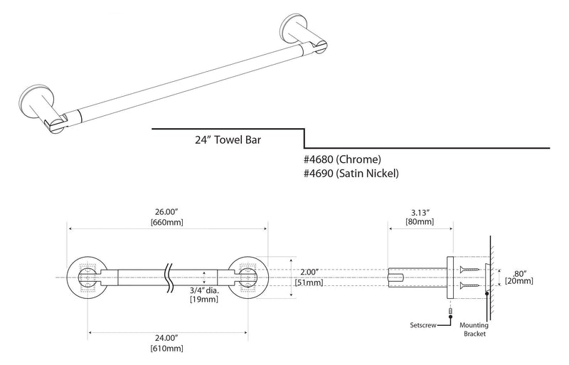 Gatco 4690 Channel Towel Bar, Satin Nickel, 24 Inch