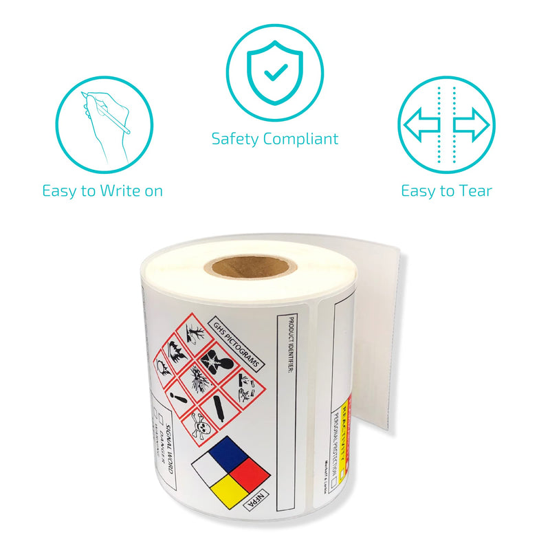 [Australia - AusPower] - SDS OSHA Data Labels for Chemical Safety 4 x 3 Inches | Roll of 100 MSDS Stickers with GHS Pictograms & Perforated Edges for Easy Separating | HMIS & Hazard Compliant | Secondary Containers 