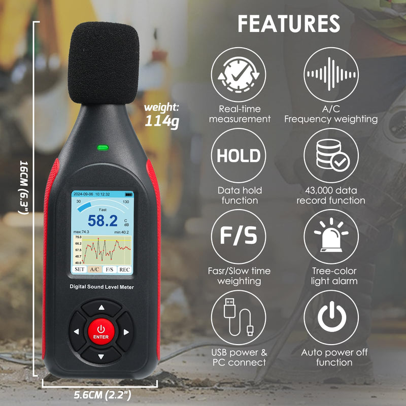 [Australia - AusPower] - Decibel Meter, Data Logger, Digital Sound Decibel Meter, Sound Level Meter with 43,000 Records and Export, Rechargeable Noise Meter with A/C Frequency and DC Output with Alarm 