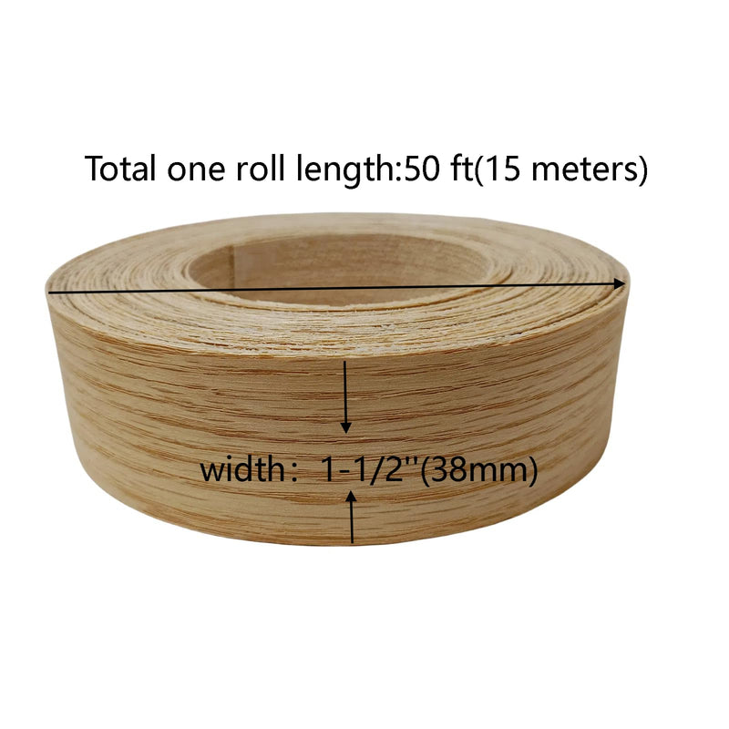 Real Red Oak 1-1/2 inch ×26ft Wood Veneer Edge Banding Roll,Pre-glued Iron On Wood Veneer Edging-Backed with Hot Melt Adhesive-Flexible Wood Veneer Edgebanding for Furniture Restoration 1-1/2" x26'