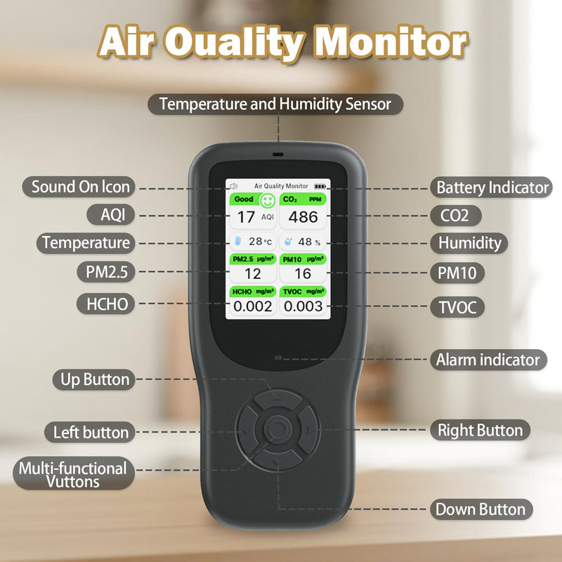 [Australia - AusPower] - 11-in-1 Air Quality Monitor - Portable Indoor Air Quality Detector with Stand, Real-Time Test for AQI, CO2, PM2.5, PM1.0, PM10, TVOC, HCHO, Particles, Temperature & Humidity with Aler (Black-White) Black-White 
