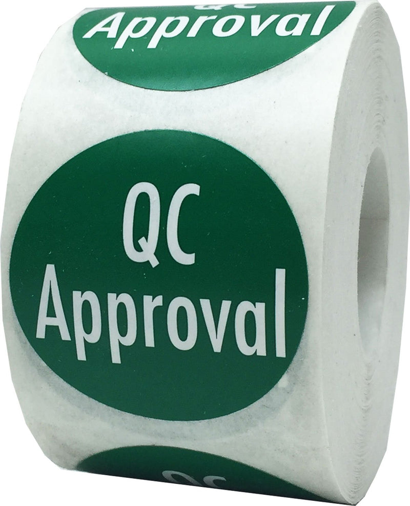 Green with White QC Approval Stickers 1.5 Inch Round Circle Dots 500 Adhesive Labels On A Roll for Quality Control Inspections Product Approval and Inventory Management Made in the USA