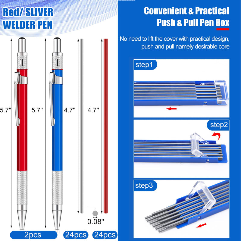 Gersoniel 2 Pcs Welders Pencil with 48 PCS Round Refills Mechanical Pencils Metal Welding Marker for Tube Pipe Fitter Welder Steel Construction Woodworking (Red, Silver) Red, Silver