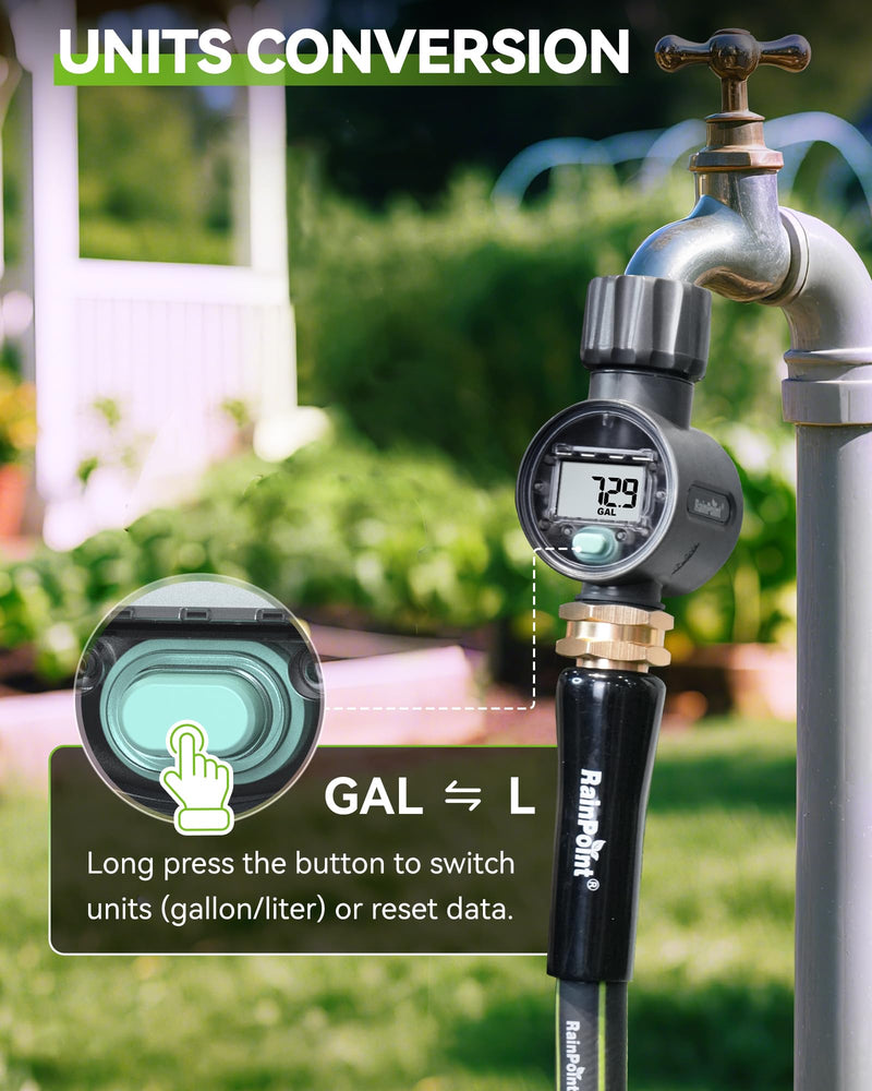 [Australia - AusPower] - RAINPOINT Water Flow Meter, ±5% Accuracy, Measure Consumption and Flow Rate up to 9999.9 Gallon/Liter, Water Meter for RV, Garden Hose, Pool, Lawn Sprinkler & Nozzle Sprayer Plastic 