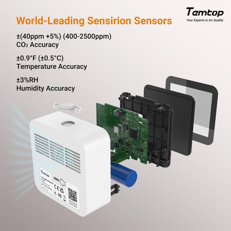 [Australia - AusPower] - Temtop CO2 Bluetooth Meter Room Air with App Connection, Real Time CO2 Monitoring, Temperature & Humidity, Alarm Function, for Healthy Air Quality Home and Office, C10-2ND Co₂ With App 