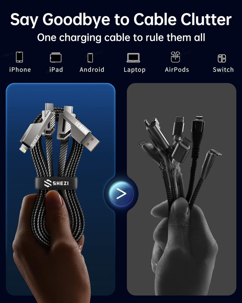 SHEZI [Upgraded 2.0] 4-in-1 Long USB C Cable 60W 10FT Fast Charging [480Mbps Data Transfer] Flat Braided Multi Charger Cord Wire Combo with L/USB C/A Port for iPhone/iPad & All Devices, Grey