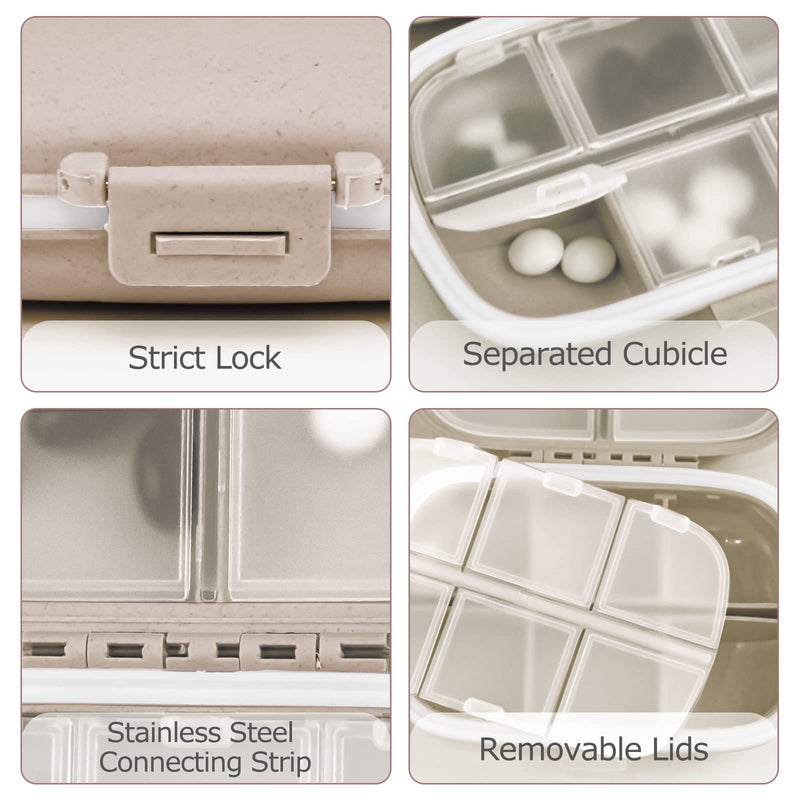 [Australia - AusPower] - 1Pack Travel Pill Organizer, 8 Compartments Portable Pill Case, Small Pill Box for Pocket Purse Portable Medicine Vitamin Container Beige 