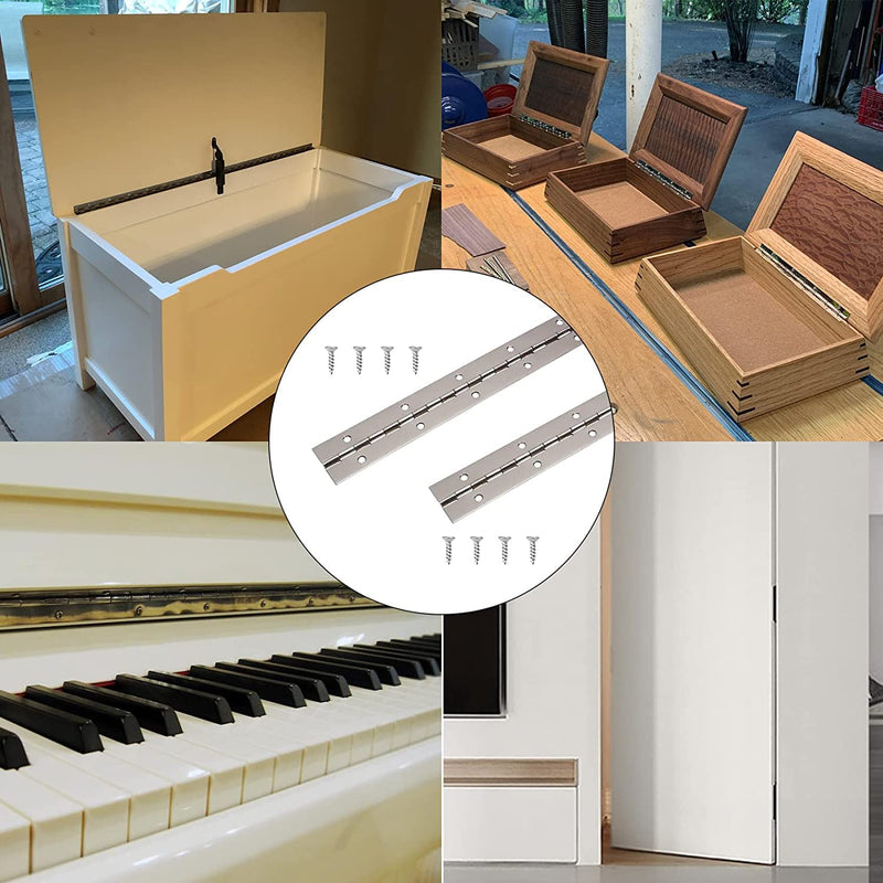 [Australia - AusPower] - 12 Inch Continuous & Piano Hinges, 2Pcs Stainless Steel Continuous Hinge with Holes, Heavy Duty Polished Stainless Piano Hinges for Boats Cabinets Storage Box, 24 Screw Included (Silver) 