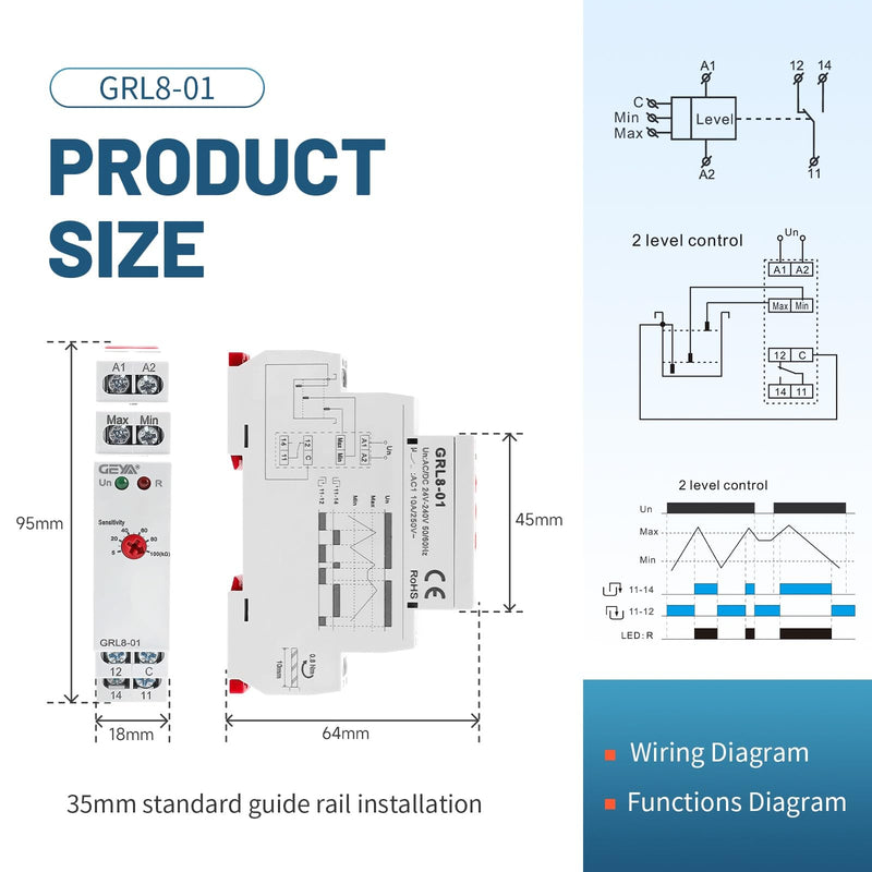 Water Level Sensor Control Relay 10A GRL8-01 AC/DC 24V-240V Liquid Level Control Relay in Din Rail, Automatic Drain and Inlet Electronic Liquid Level Controller with 5ft Detector Sensor PLT-01 GRL8-01-AC/DC 24V-240V +with 5ft Detector Sensor