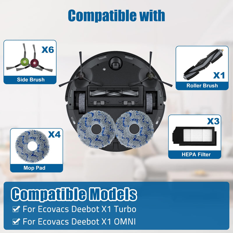18 PCS Replacement Accessories Kit For Ecovacs Deebot X1 TURBO/OMNI Robot Vacuum Cleaner Parts, 1 Main Brush, 6 Side Brush, 3 Hepa Filter, 4 Mop Cloth, 4 Dust Bag As the Picture Shows