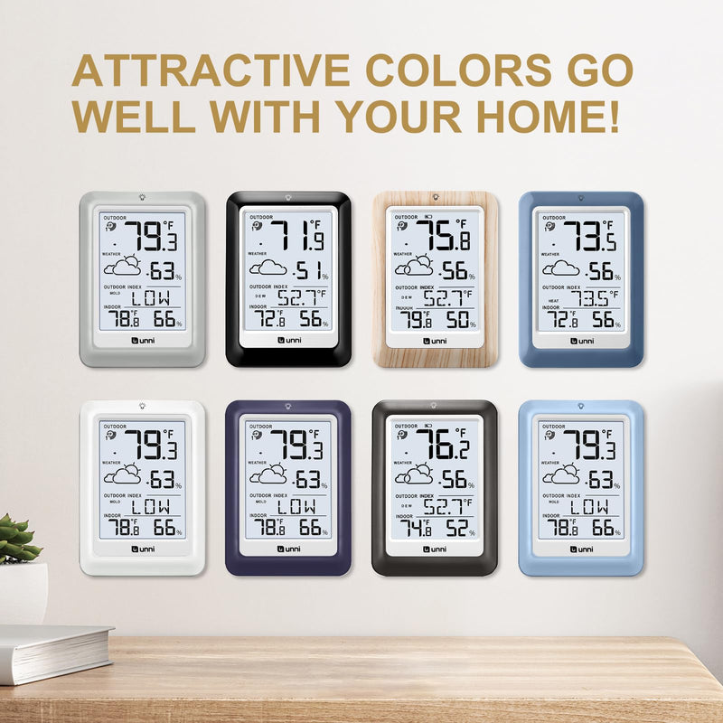 Indoor Outdoor Thermometer Wireless Weather Station, Temperature Humidity Monitor Battery Powered Inside Outside Thermometers with 330ft Range Remote Sensor and Backlight Display（Metal Black） Metal Black