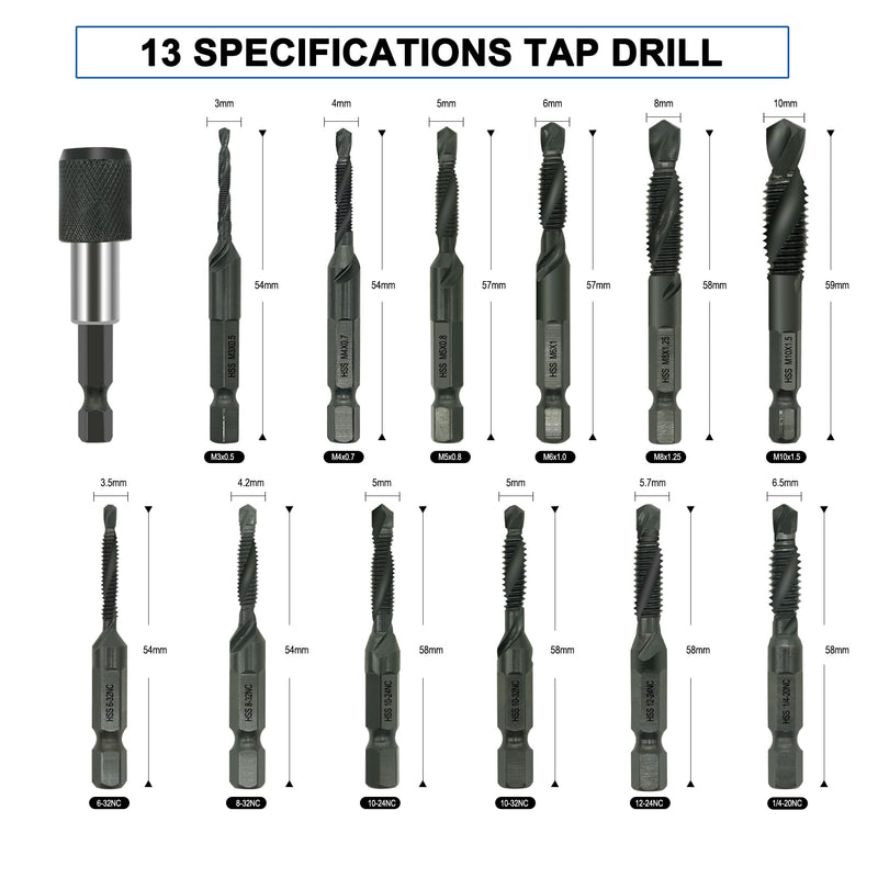 [Australia - AusPower] - Combination Drill and Tap Bit Set with Quick-Change Adapter of 13Pcs, 6 SAE Sizes: 6-32NC to 1/4-20NC, 6 Metric Sizes: M3 to M10,Suitable for Drilling Tapping Threading Countersinking 
