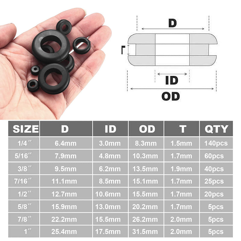 300 Pcs Rubber Grommets Kit, Rubber Wire Grommets, Rubber Hole Grommet Gaskets, Hollow Firewall Hole Plug Grommets for Wiring Plumbing Automotive - 8 Sizes, 1/4" 3/8" 5/8" 7/8" 5/16" 1/2" 7/16" 1"