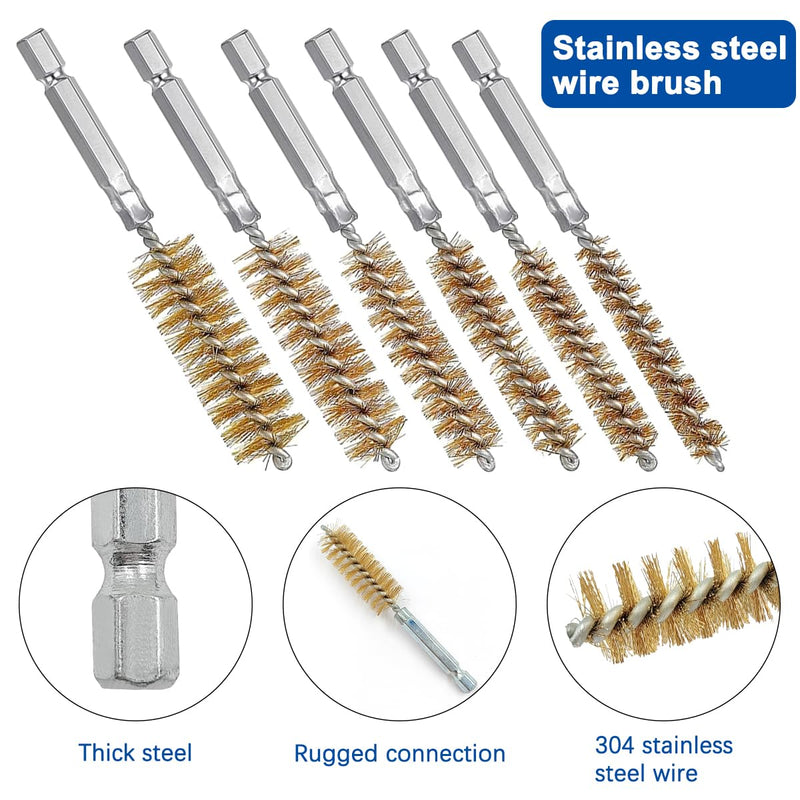 [Australia - AusPower] - 6 Pieces Brass Drilling Brushes in Different Sizes + 15 Pieces Cleaning Needles Nylon Brush Tools, Twisted Wire Brush with Handle, 1/4 Inch Hex Shank Attachment Drill Set for Pipes 