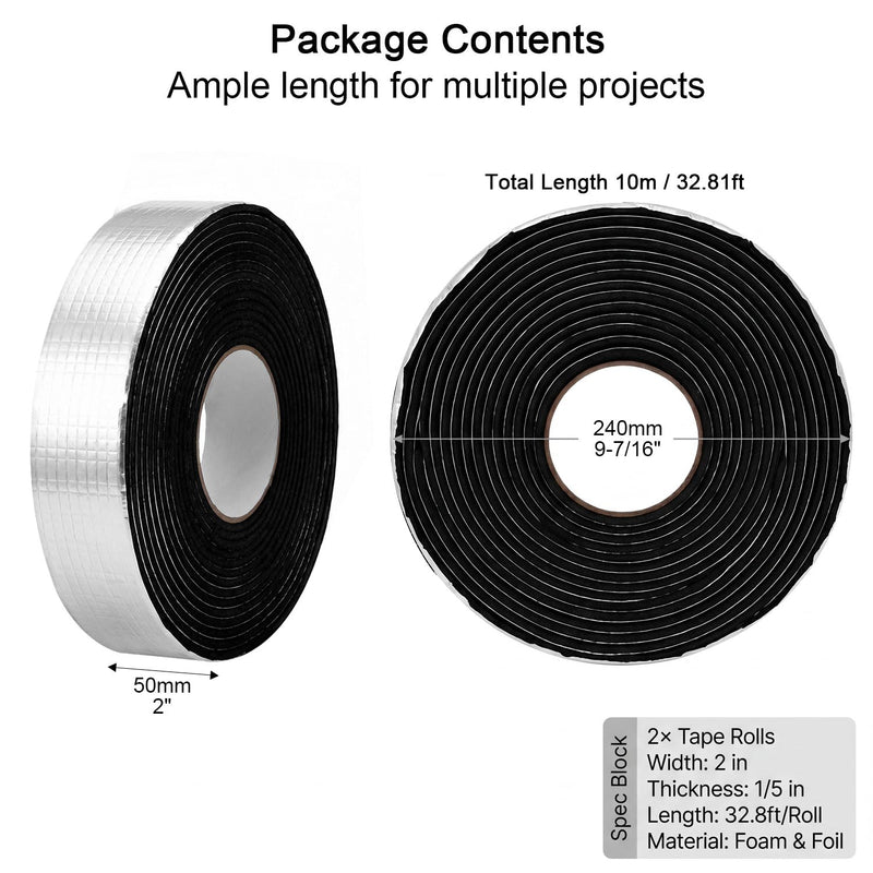 QWORK 65.6ft Pipe Insulation Tape Wrap - 2-Pack 2" x 32.8ft Self-Adhesive Foam with Aluminum Foil, Fireproof Thermal Protector for Outdoor Winter & Summer Pipe Protection