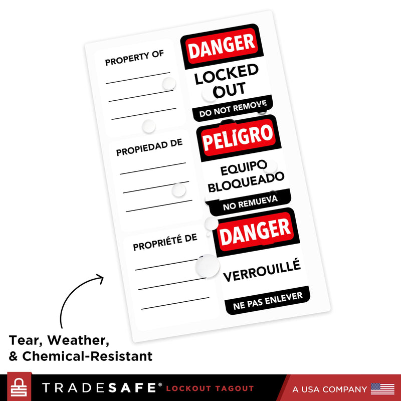 TRADESAFE Lockout Tagout Locks Label, Lock Out Tag Out Padlock Labels in English, Spanish, French, Danger Locked Out, Do Not Remove Loto Locks Stickers English, Spanish, French | 60-Pack