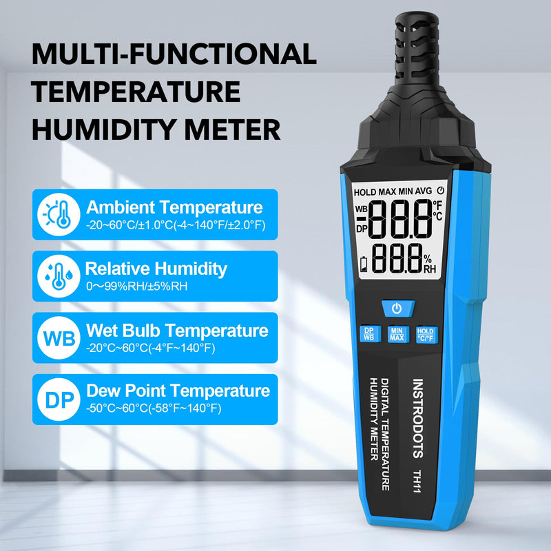 Temperature Humidity Meter, High Precision Digital Hygrometer with Ambient, Dew Point, Wet Bulb Temperature for Indoor Outdoor, Thermometer with Min/Max, Data Hold, LCD Backlight, TH11 Blue