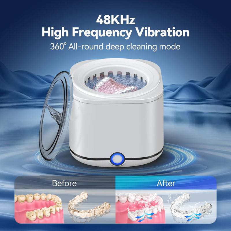 [Australia - AusPower] - Ultrasonic Retainer Cleaner, 48kHz Retainer Cleaner Machine for Dentures, Mouthguard, Braces, Night Guard, Toothbrush, Jewelry with 7.8OZ Dental Cleaning Pod-Cool White Cool White 