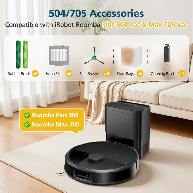 [Australia - AusPower] - 19-Pack Replacement Parts for iRobot Roomba Plus 504 Vac & Roomba Max 705 Vac Robot Vacuum, 504/705 Accessories Kit Include 2 Roller Brushes, 6 Dust Bags, 4 Filters, 6 Side Brushes, 1 Cleaning Brush 