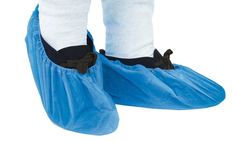 TIGA-MED Disposable Shoe Covers Pack of 100 - Strong 4.0 g CPE, Waterproof & Tear-Resistant, with Elastic Band up to Shoe Size 48, Blue (Surgical / Practice / Laboratory / Visitor)