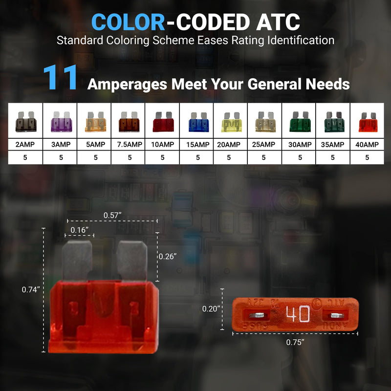 [Australia - AusPower] - Standard ATO/Car Fuse Assortment Kit, 55 Pieces, RV Marin Automotive Blade Fuse, 11 Current Ratings - 2A/ 3A/ 5A/ 7.5A/ 10A/ 15A/ 20A/ 25A/ 30A/ 35A/40 AMP Standard 