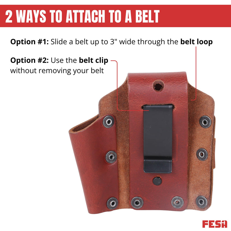 FESA Leather Tape Measure Holder - Measuring Tape or Drill Holder for Tool Belt with Steel Clip, Pencil Pocket & Heavy Duty Rivets - 2 Ways to Attach - Fits Any Belt - Handcrafted Cherry - With Hammer Pocket