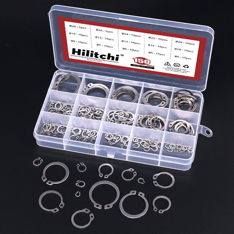 [Australia - AusPower] - Hilitchi 150-Pcs 304 Stainless Steel External Circlip Snap Retaining Clip Ring Assortment Set - Size: 4mm to 28mm Silver 